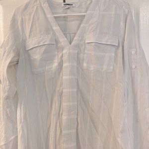White and gray striped professional blouse. Size XS from Express.